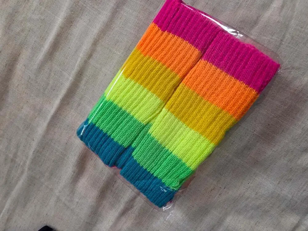 Rainbow Leg Warmers 80s Neon Striped Ribbed Knit Boot Toppers